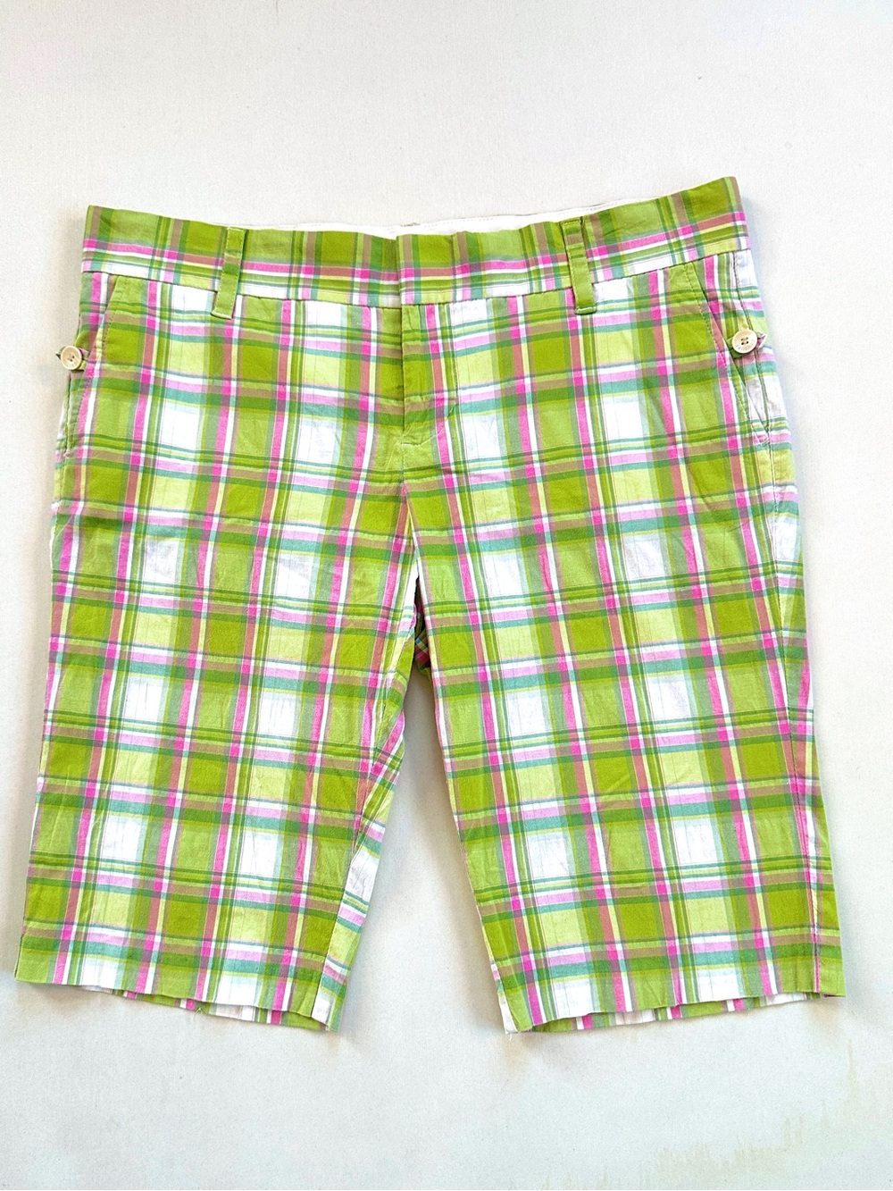 JUICY COUTURE GIRL Y2K PINK/GREEN PLAID LOW RISE PREPPY GOLF BERMUDA SHORTS Sz31